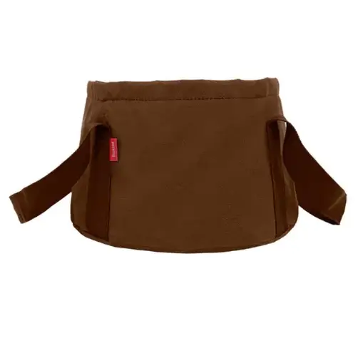 Brown canvas-style waist pouch with adjustable straps and a small red tag on the side.
