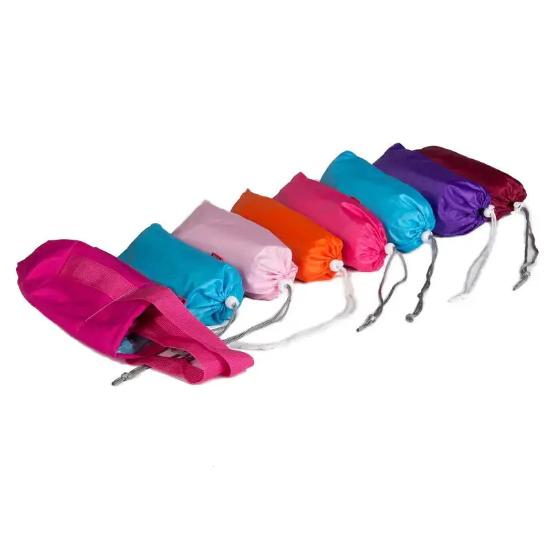 A collection of colorful, lightweight drawstring pouches in vibrant hues like pink, blue, orange, and purple.