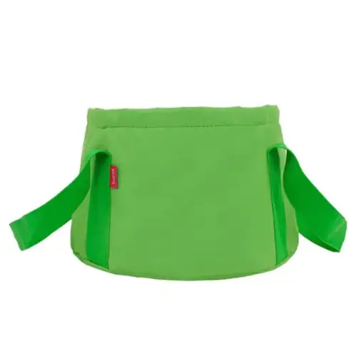 Bright green fabric pouch with two matching straps and a small red tag on the side.