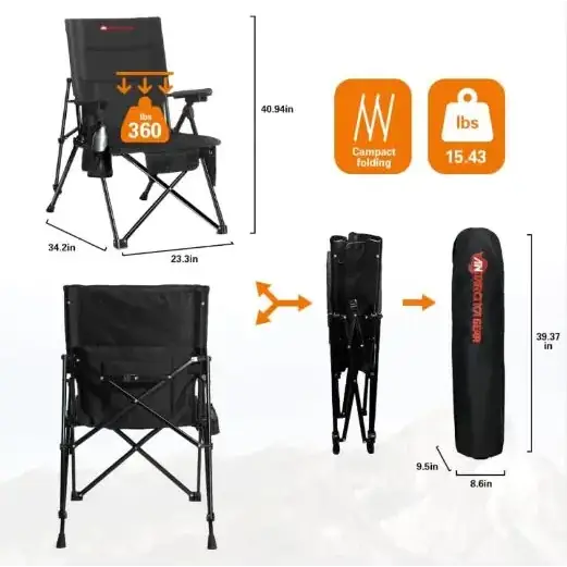 Black folding camp chair with armrests and a side pocket, designed for compact portability.