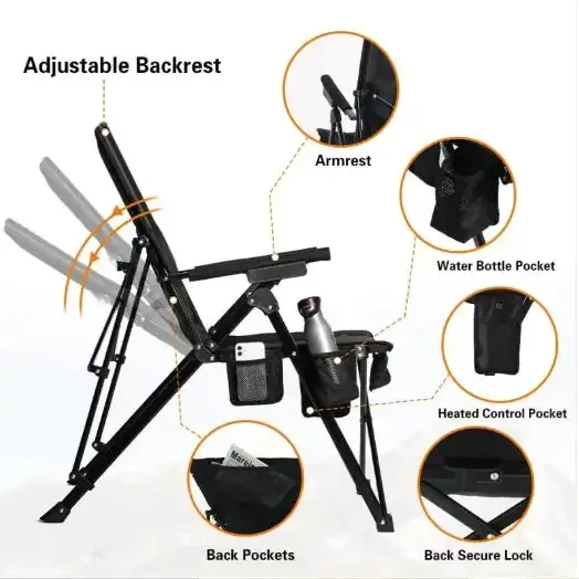 Black foldable camping chair with adjustable backrest, armrests, and multiple storage pockets including a water bottle pocket and heated control pocket.