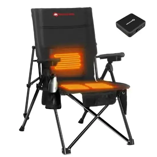Black foldable camping chair with integrated heating elements glowing orange on the seat and backrest, featuring a small black control unit shown nearby.
