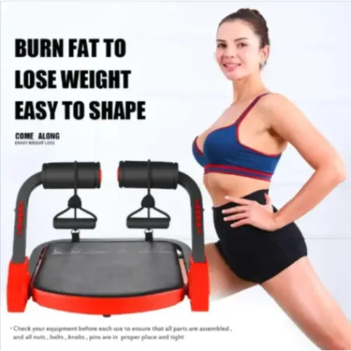 Red and black abdominal workout machine with padded handles and a flat platform