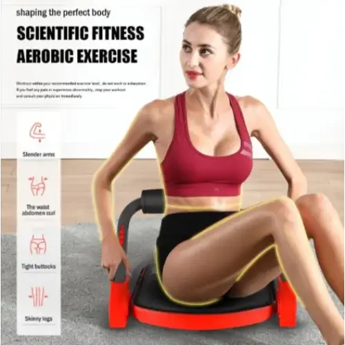 Red and black exercise machine with curved handlebars and circular platform