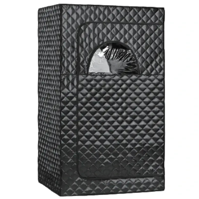 Black quilted fabric sauna tent with a semi-circular window.