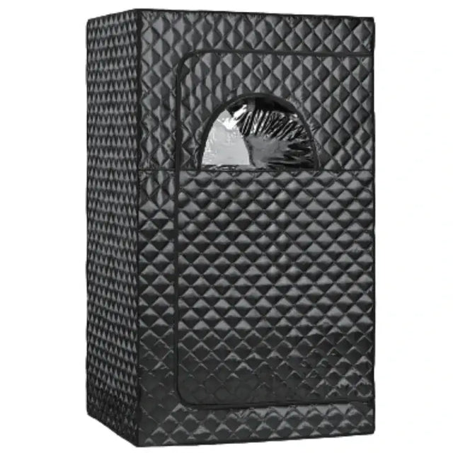Black quilted fabric sauna tent with a semi-circular window.