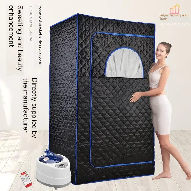 Black quilted fabric sauna tent with blue trim and a silver arched window.