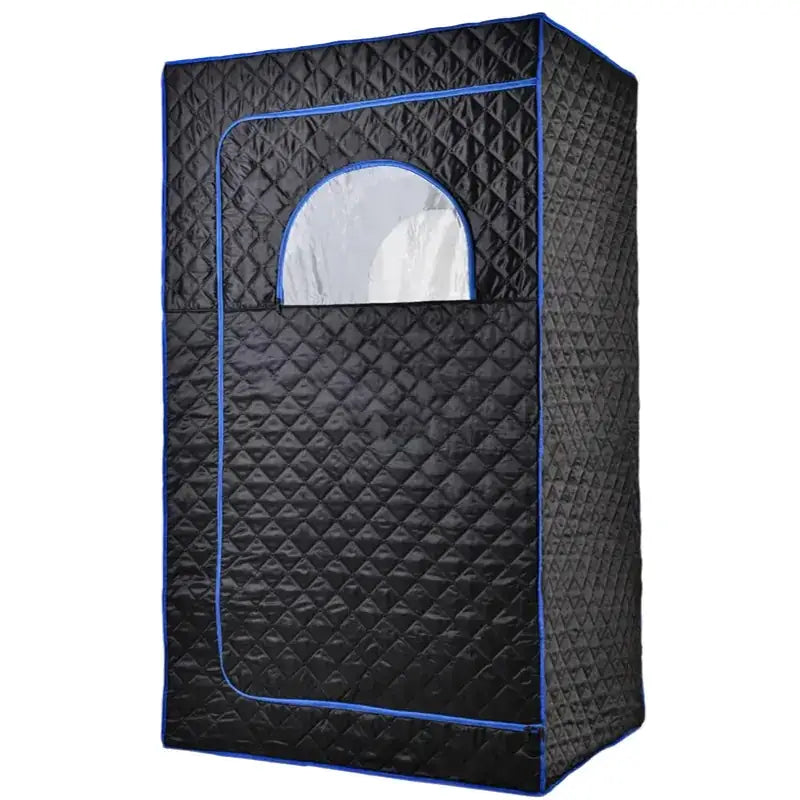 Black quilted sauna tent with blue trim and a clear arched window.