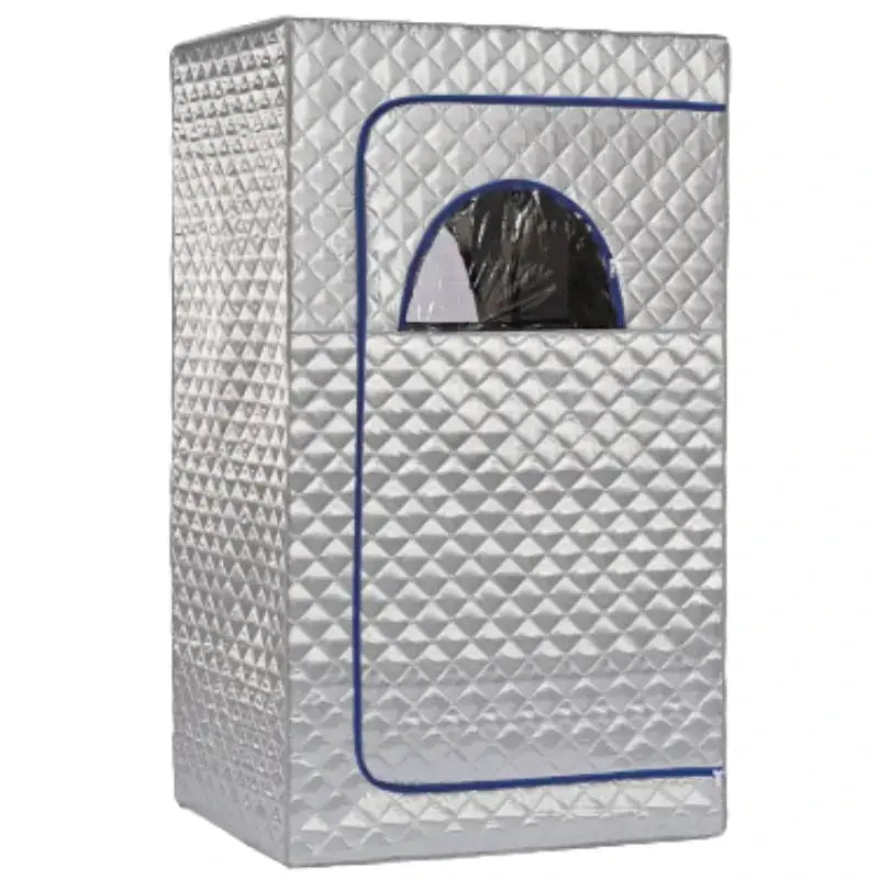 Silver quilted portable sauna tent with blue trim around the arched window.
