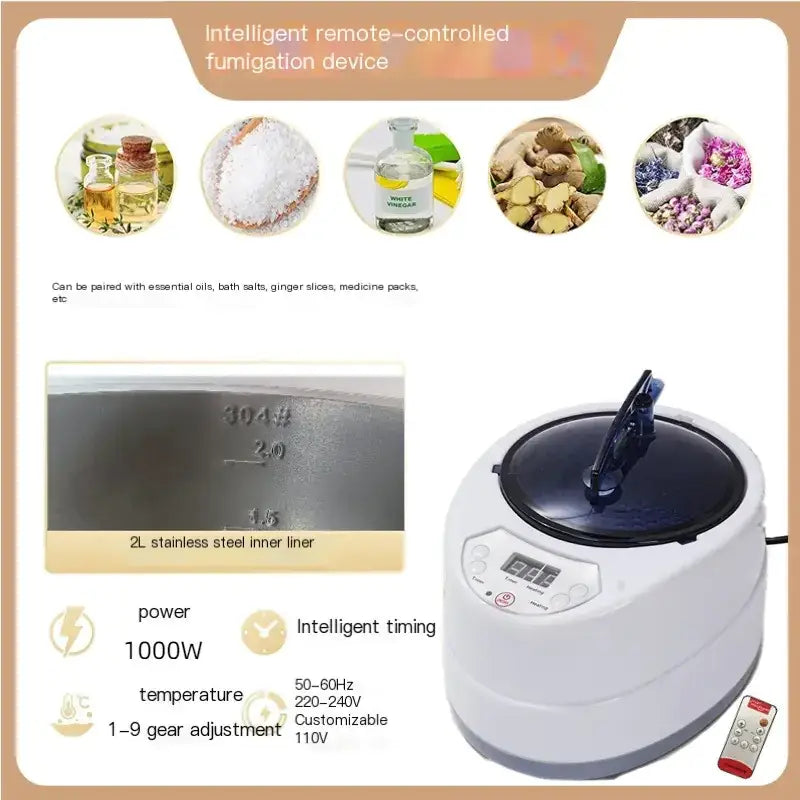 White and gray intelligent remote-controlled fumigation device with a digital display, stainless steel inner liner, and 1000w power.