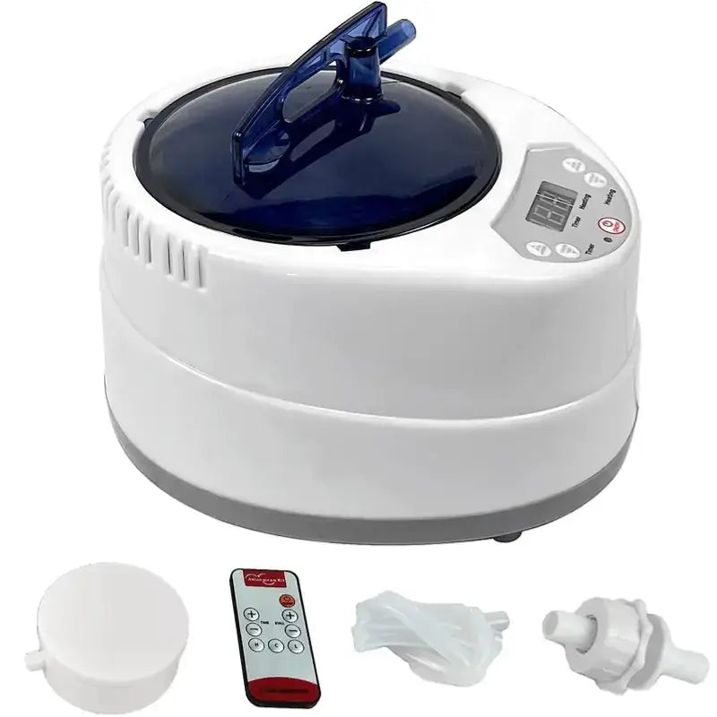 White and gray steam cleaner with a blue translucent lid, digital control panel, and included remote.