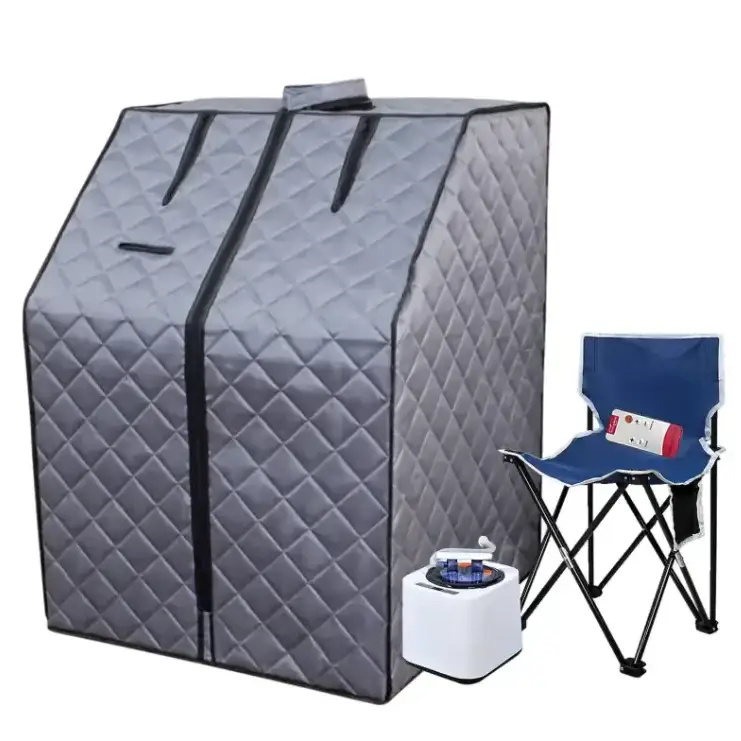 Gray quilted fabric sauna tent with black zipper and handle.