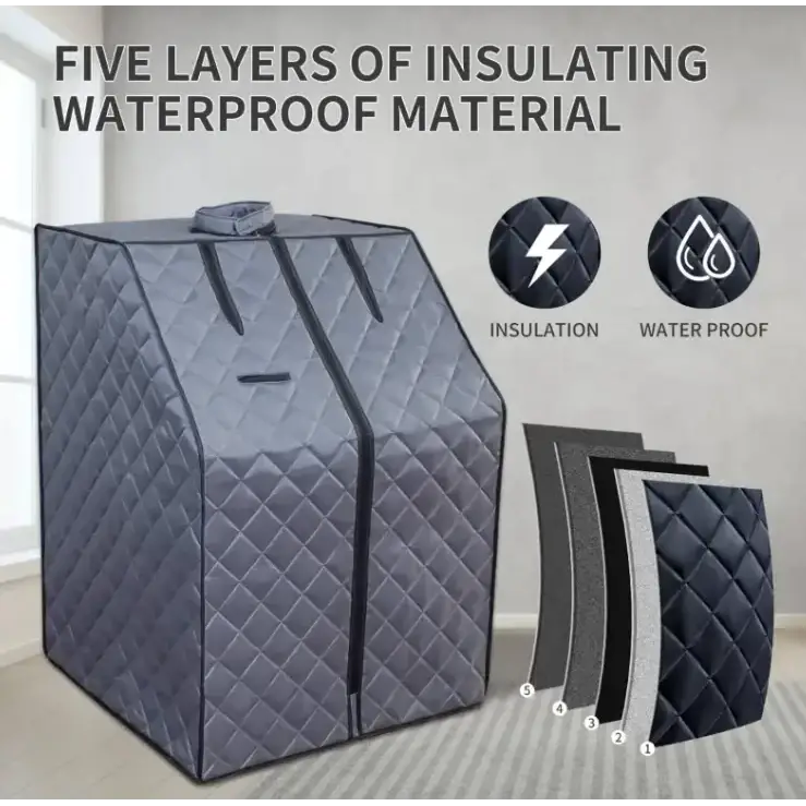 Gray quilted portable sauna with five layers of insulating waterproof material.