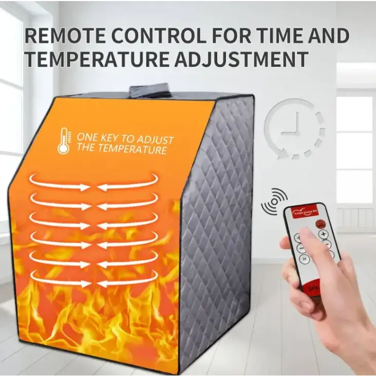 Orange and gray quilted infrared sauna tent with remote control for temperature adjustment