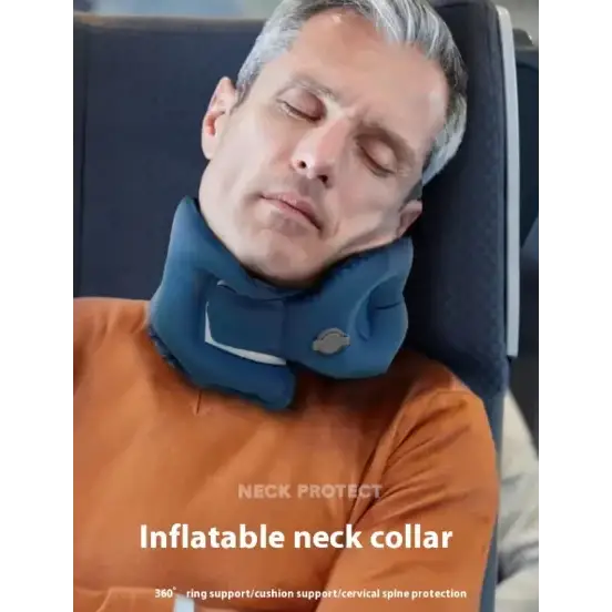 Blue inflatable neck collar with white logo