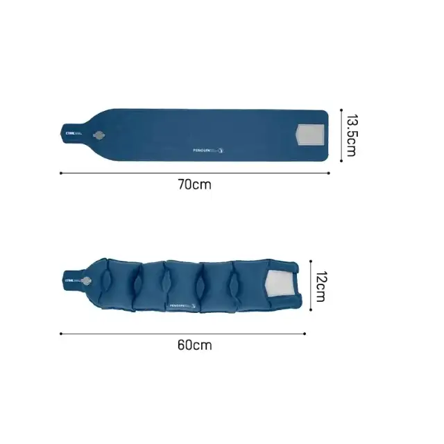 Blue inflatable leg compression sleeve with segmented chambers and a white rectangular patch on the side.