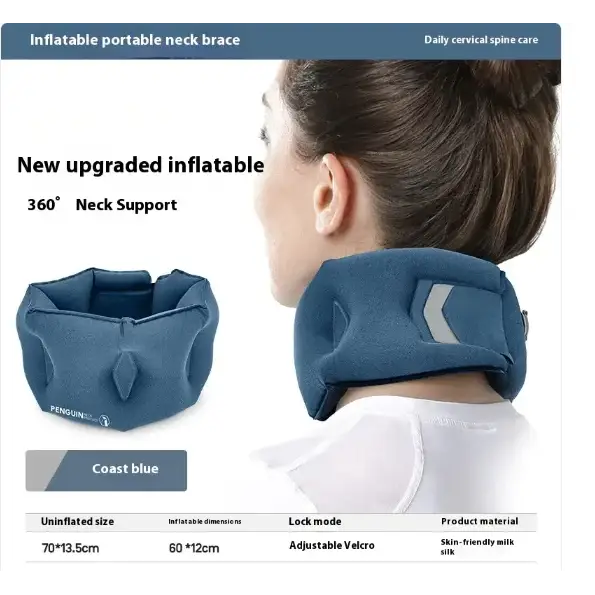 Coast blue inflatable portable neck brace with adjustable velcro and skin-friendly milk silk material.