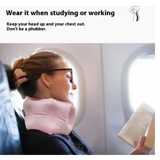 Pink inflatable cervical support collar worn by a woman on an airplane.