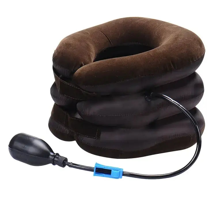 Brown inflatable cervical collar with three stacked cushioned sections and a black pump attached by a flexible hose.