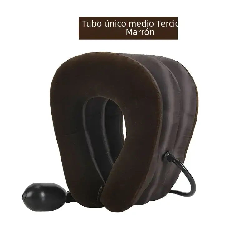 Brown inflatable neck pillow with a soft, plush exterior and an attached pump.
