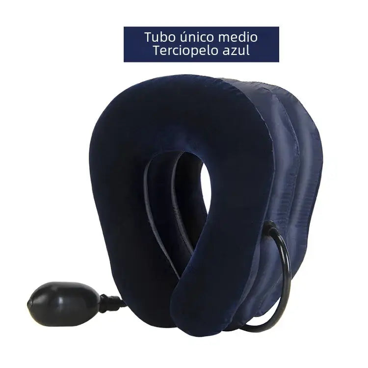 Inflatable navy blue neck pillow with a built-in pump.