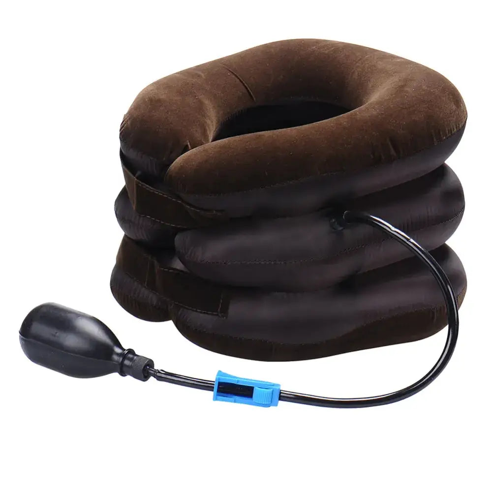 Brown inflatable cervical collar with three stacked cushioned sections and a black pump attached by a flexible hose.