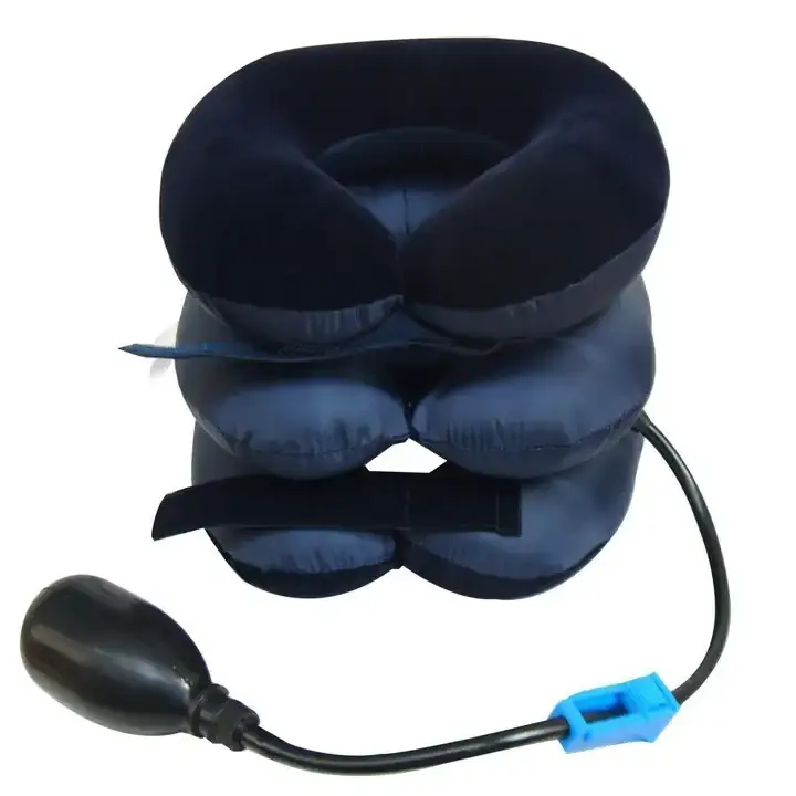 Navy blue inflatable neck pillow with black pump and blue connector