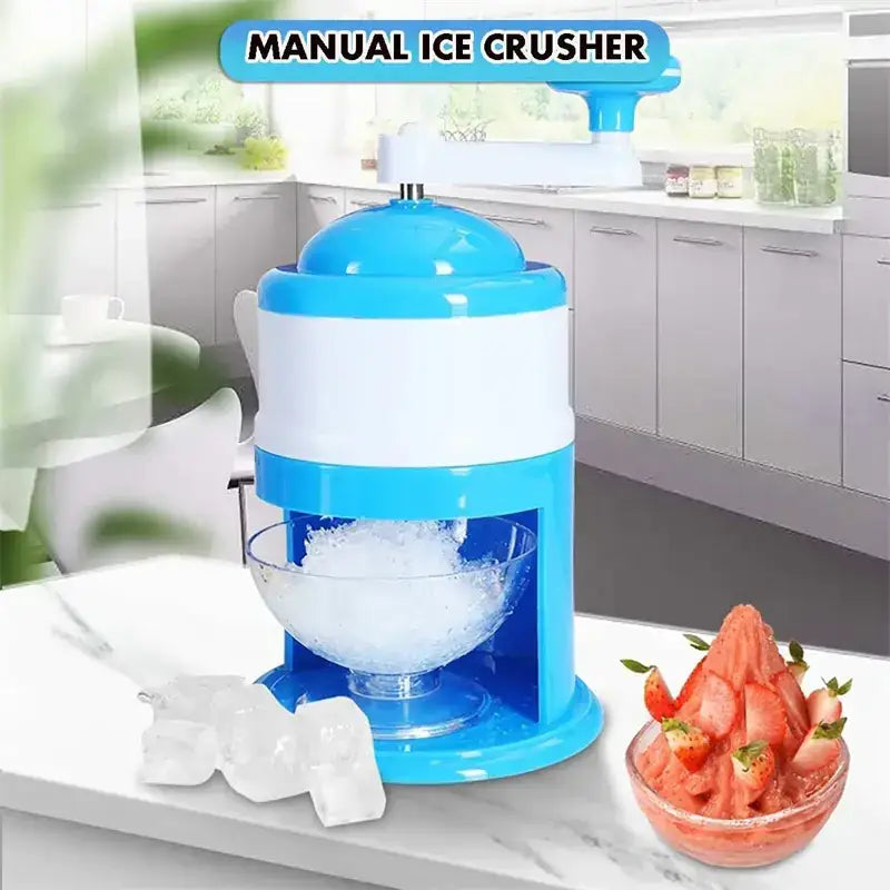 Blue and white manual ice crusher with a clear glass bowl at the base.