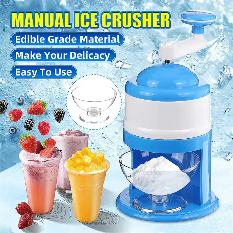 Blue and white manual ice crusher with a crank handle.
