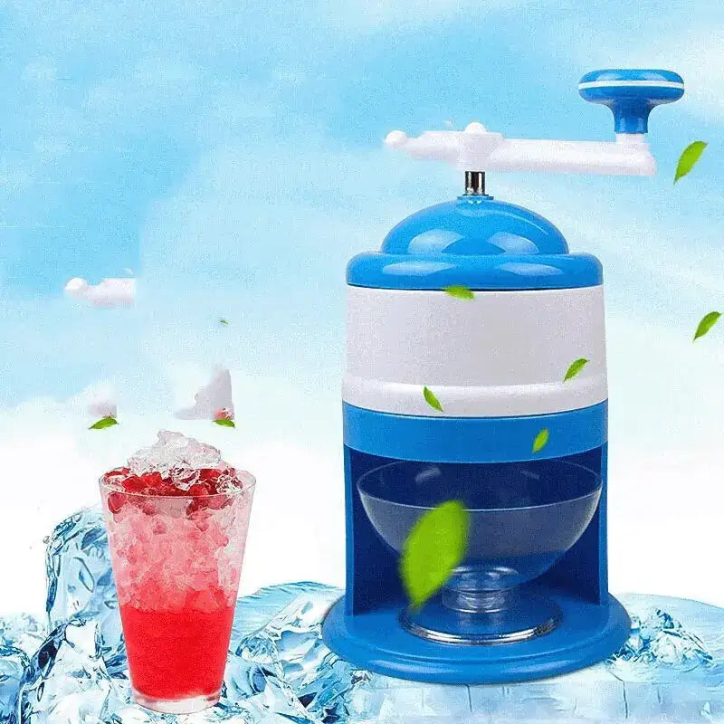 Blue and white handheld ice crusher with a clear bowl base.