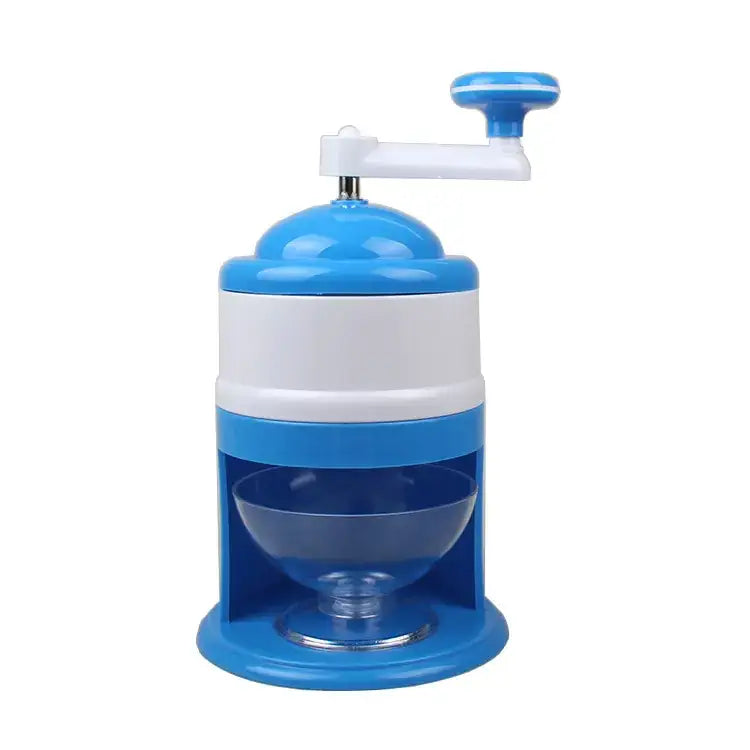 Blue and white handheld snow cone maker with a clear glass bowl.