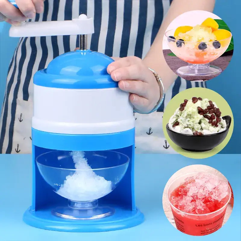 Blue and white plastic snow cone maker with a clear glass bowl at the base.