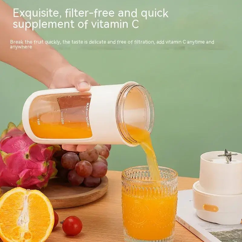 White handheld blender with transparent orange juice container, pouring into a glass.