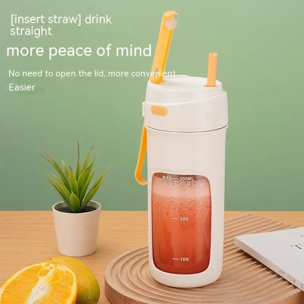 White plastic water bottle with a transparent front panel showing red liquid, featuring orange straws and handle accents.