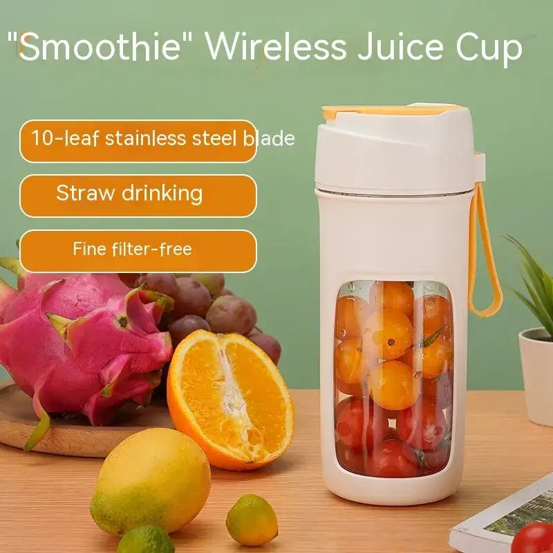 White wireless juice cup with a transparent front panel and yellow handle, featuring a 10-leaf stainless steel blade for blending.