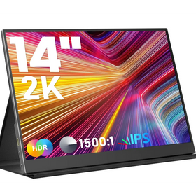 Black 14-inch 2k hdr ips monitor with a vibrant, colorful display and sleek stand design.