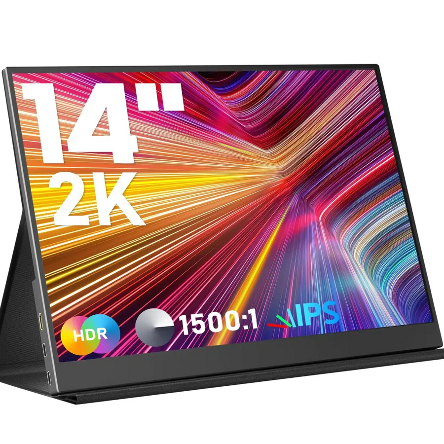 Black 14-inch 2k hdr ips monitor with a vibrant, colorful display and sleek stand design.