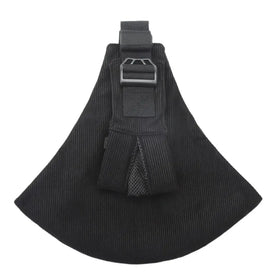 Black pinstriped fabric sling bag with adjustable strap and mesh pocket.