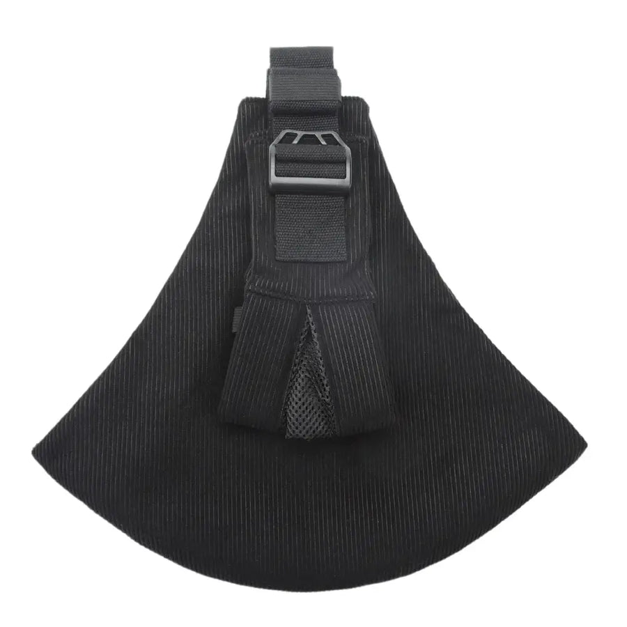 Black pinstriped fabric sling bag with adjustable strap and mesh pocket.