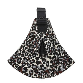 Leopard-print fabric dog carrier with black adjustable strap and mesh pocket.