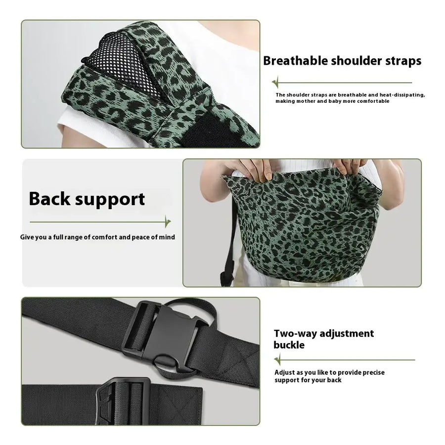 Green and black leopard-print baby carrier with breathable mesh shoulder straps and adjustable buckles.