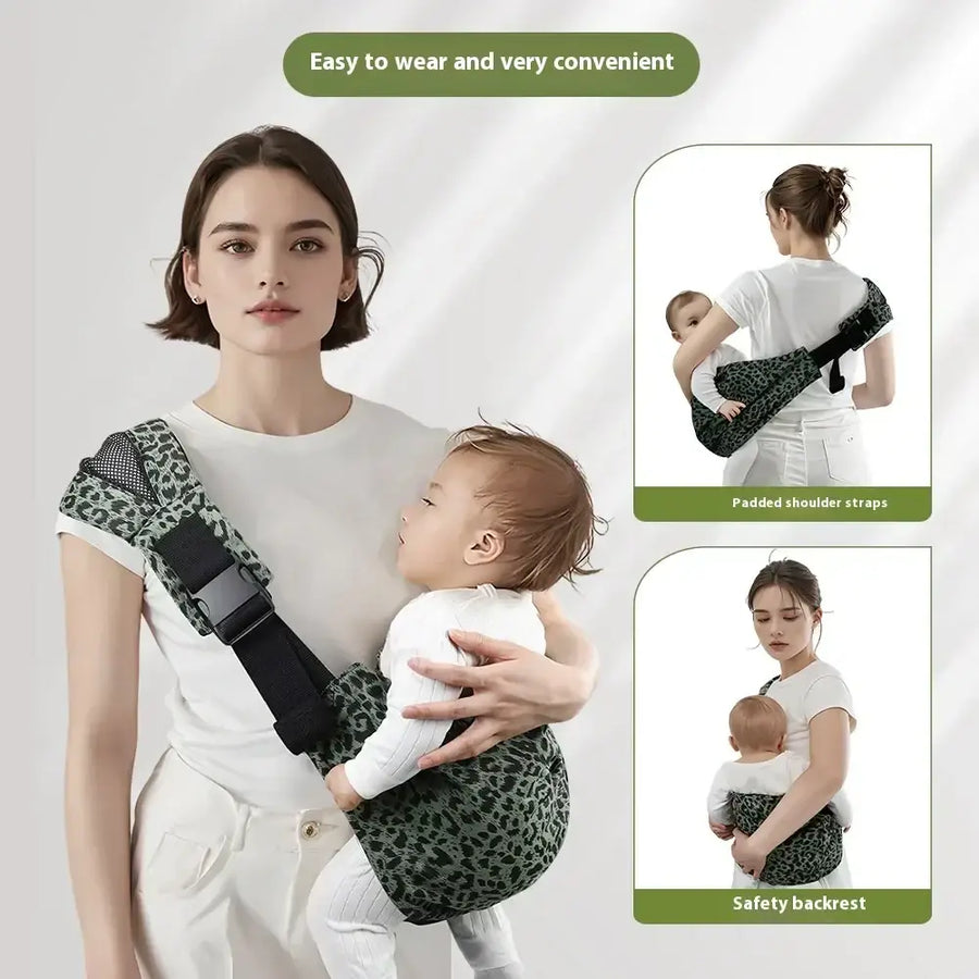 Green leopard-print baby carrier with padded shoulder straps and a safety backrest.
