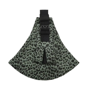 A sleek, gray and black leopard-print fabric carrier with a sturdy black strap and buckle.