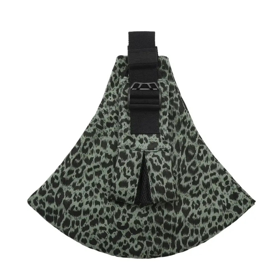 A sleek, gray and black leopard-print fabric carrier with a sturdy black strap and buckle.