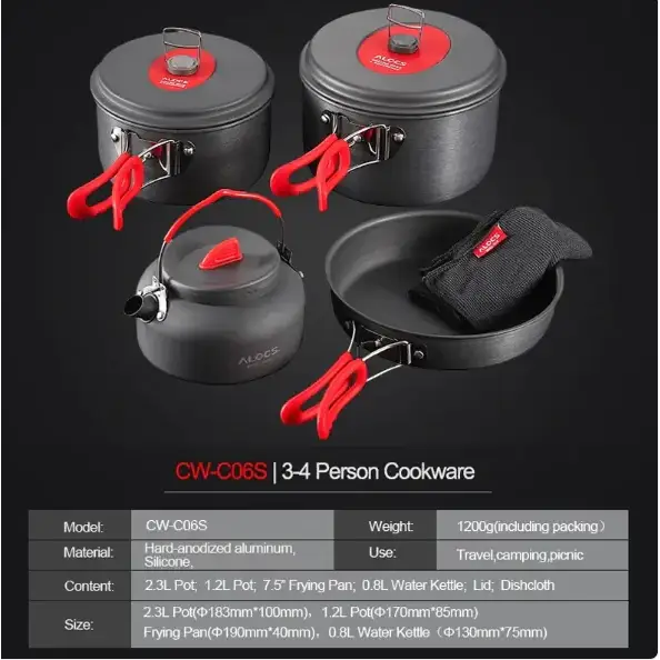 Black hard-anodized aluminum 3-4 person cookware set with red silicone handles and lids