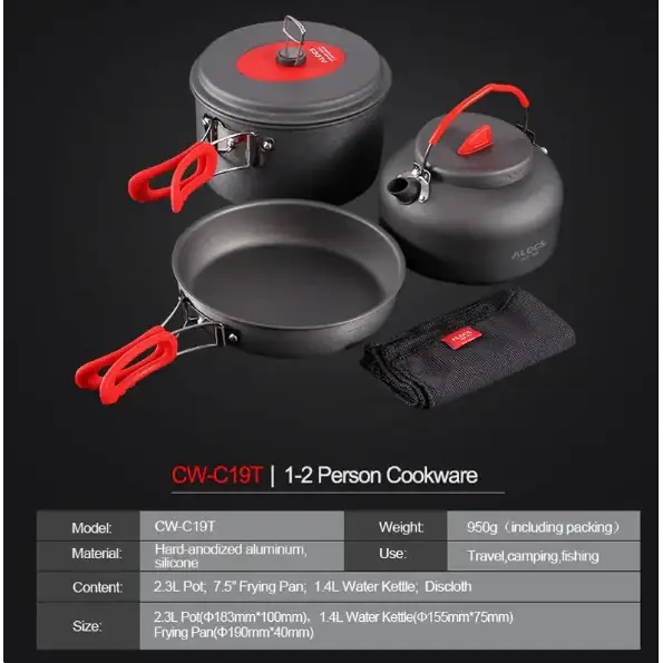 Black hard-anodized aluminum cookware set with red silicone handles and lids, featuring a 2.3l pot, 7.5’’ frying pan, and 1.4l water kettle
