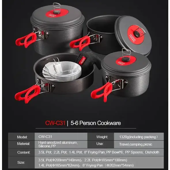 Black and red cw-c31 5-6 person camping cookware set made of hard-anodized aluminum with silicone handles.