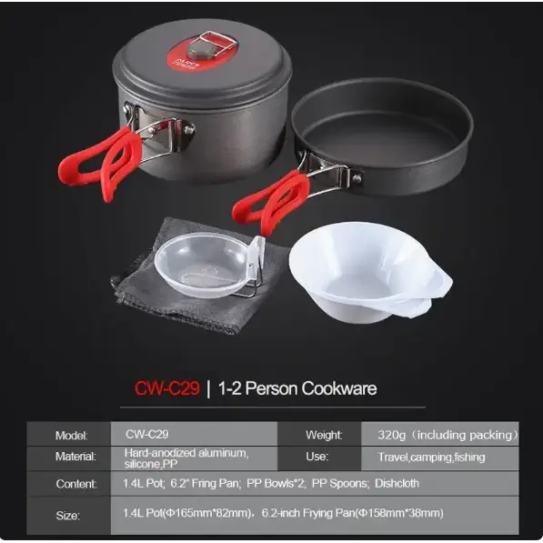 Compact, lightweight 1.4l hard-anodized aluminum pot with red silicone handles and a matching lid for camping or fishing use.