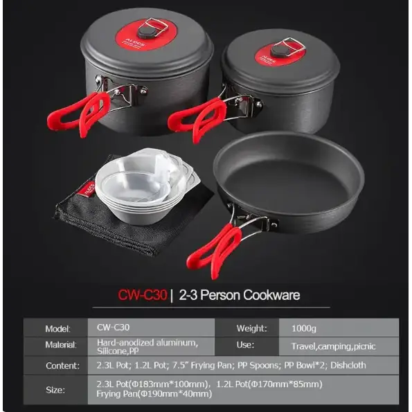 Set of three black hard-anodized aluminum pots with red handles and lids, accompanied by a matching frying pan.