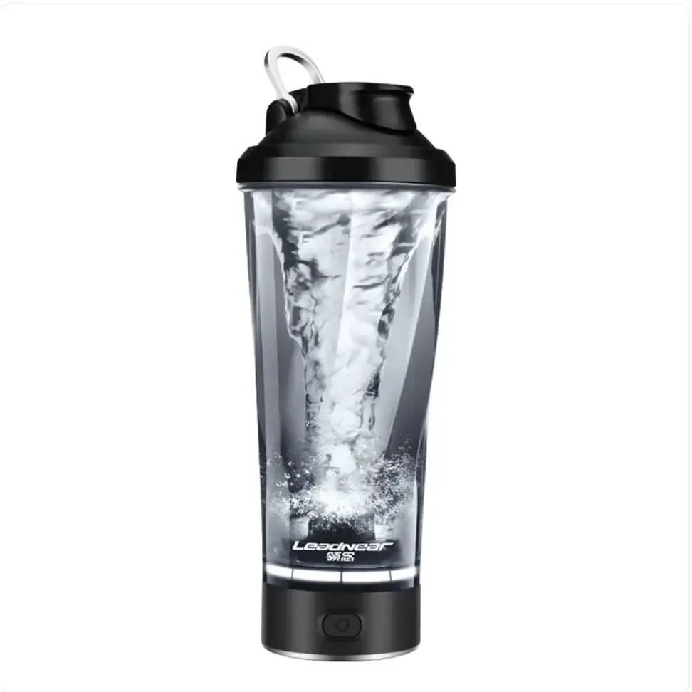 Black and transparent electric shaker bottle with a swirling liquid interior, featuring the ’leadnear’ brand logo on its base.